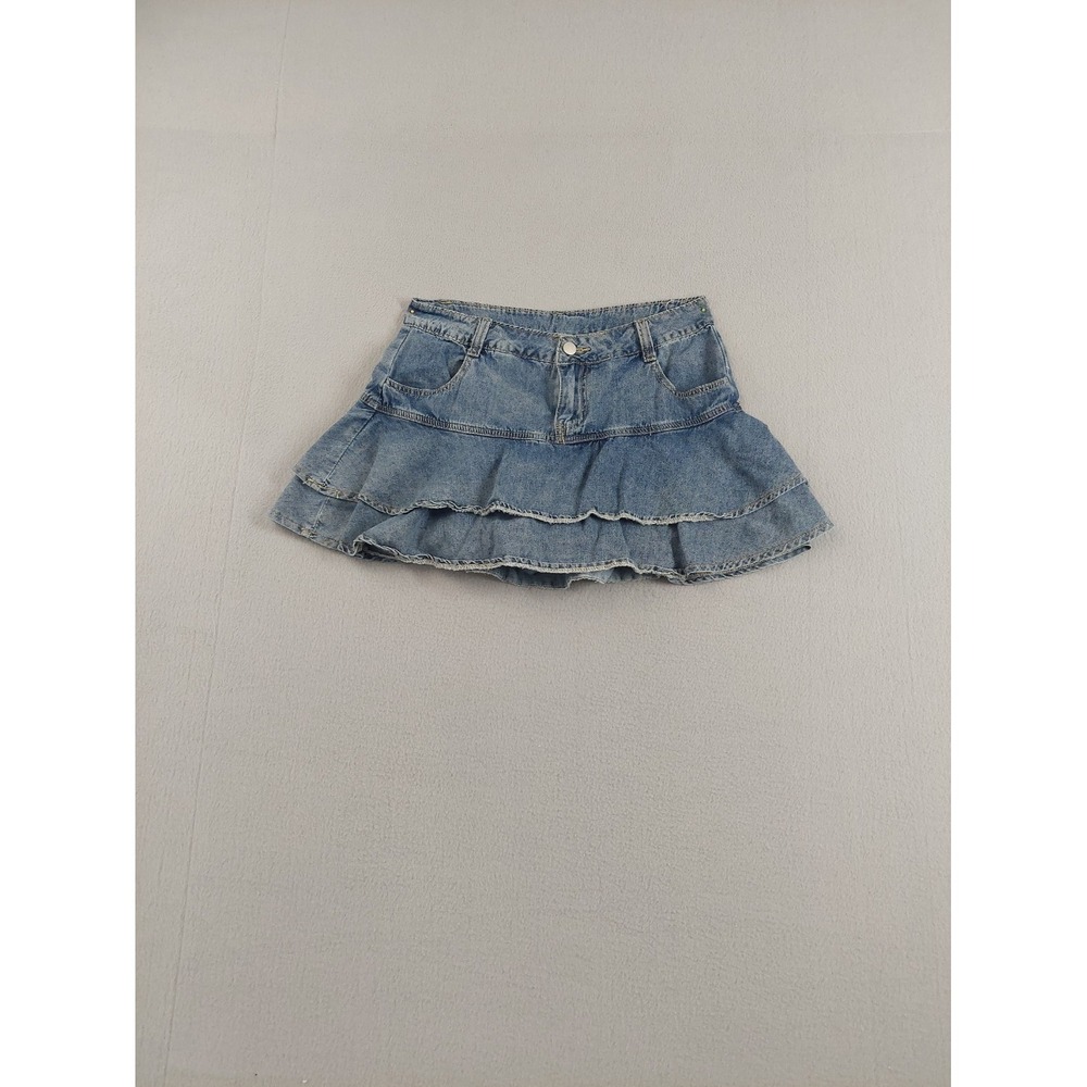 Windsor Women Jean Skirt M Blue‎ Denim Tiered Frilled Hem Front Pockets Summer